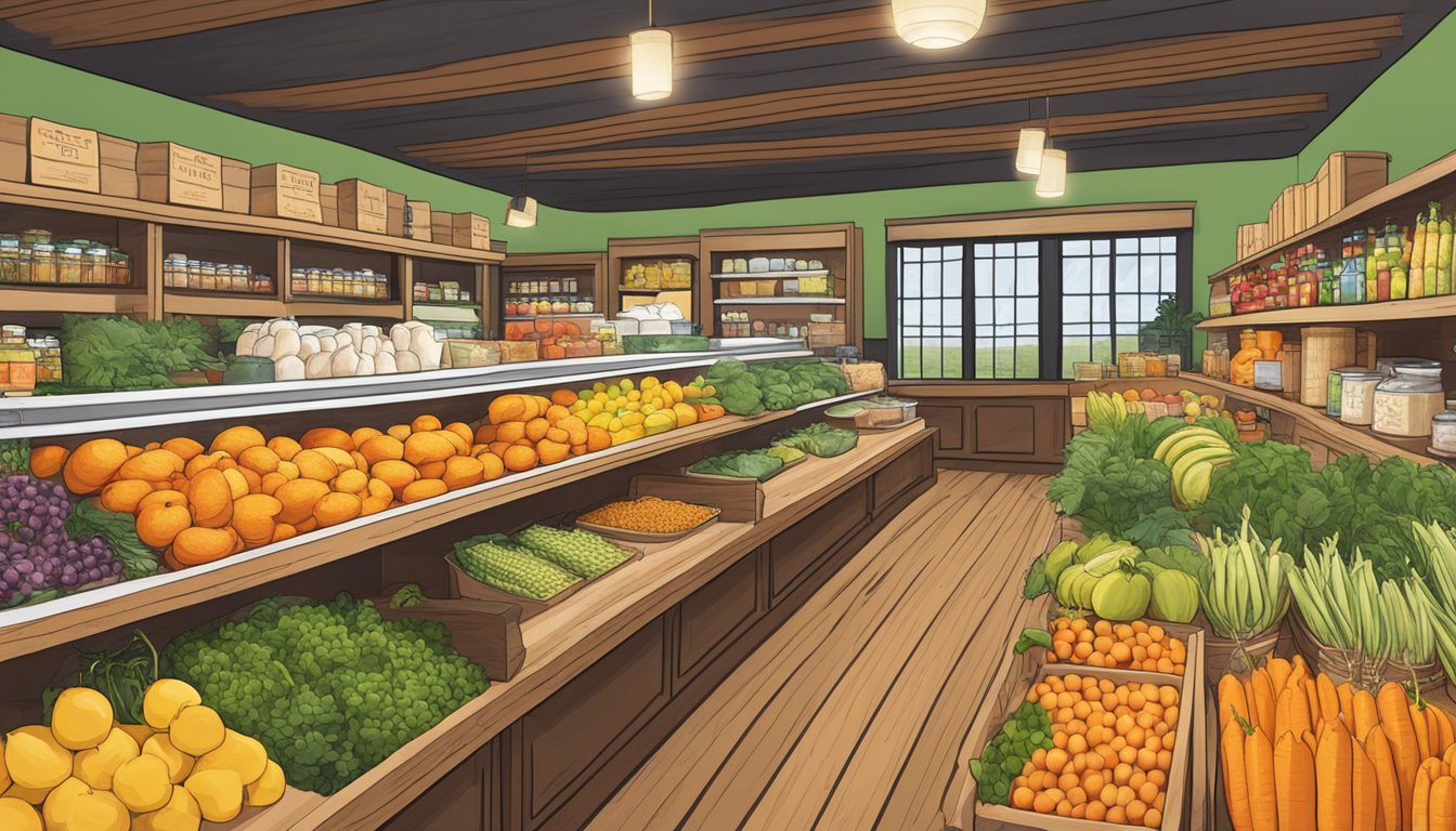 A colorful array of fresh produce, grains, and dairy products arranged on wooden shelves in a cozy local food co-op in Denton, TX