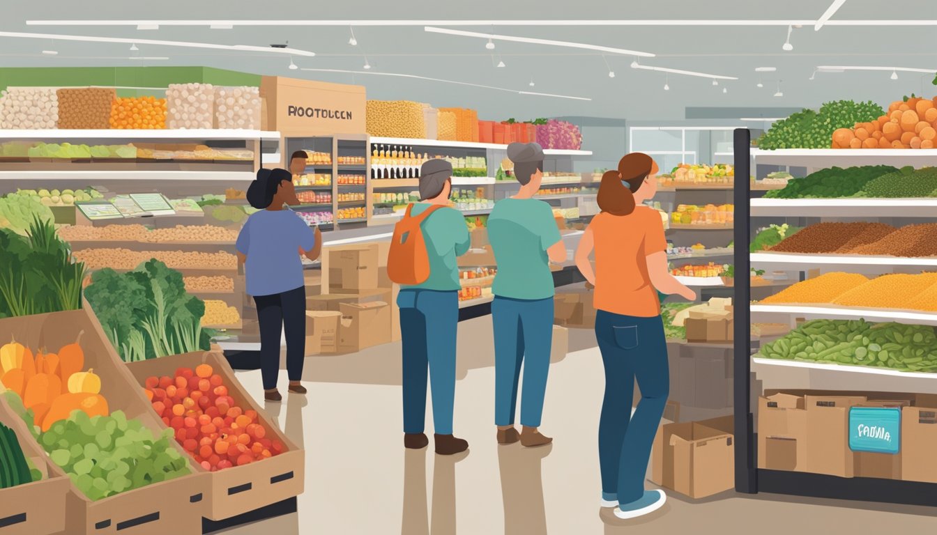 A bustling local food co-op in Denton, TX with shelves stocked full of fresh produce, bulk grains, and artisanal products. Customers chat with friendly staff while browsing the colorful displays