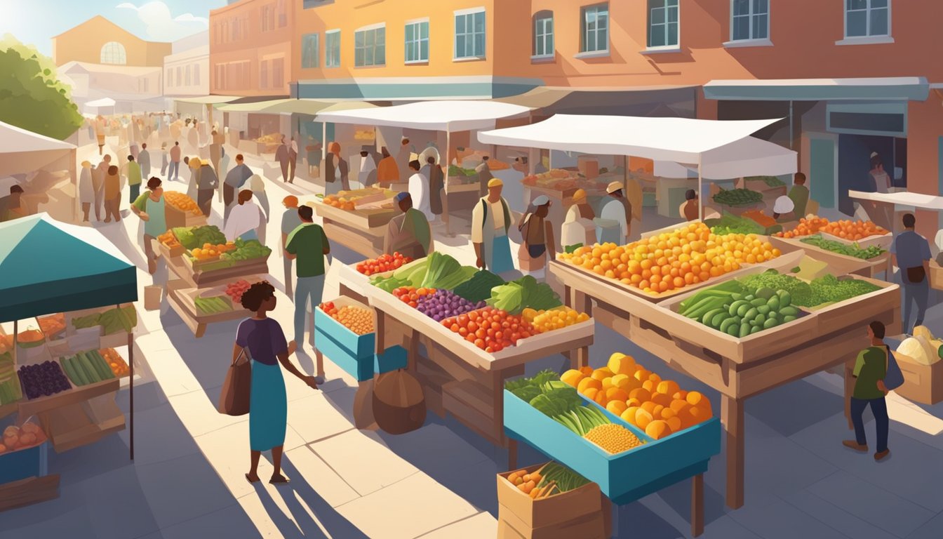 A bustling farmer's market with colorful stalls filled with fresh fruits, vegetables, and locally made products. The sun shines down on the lively scene