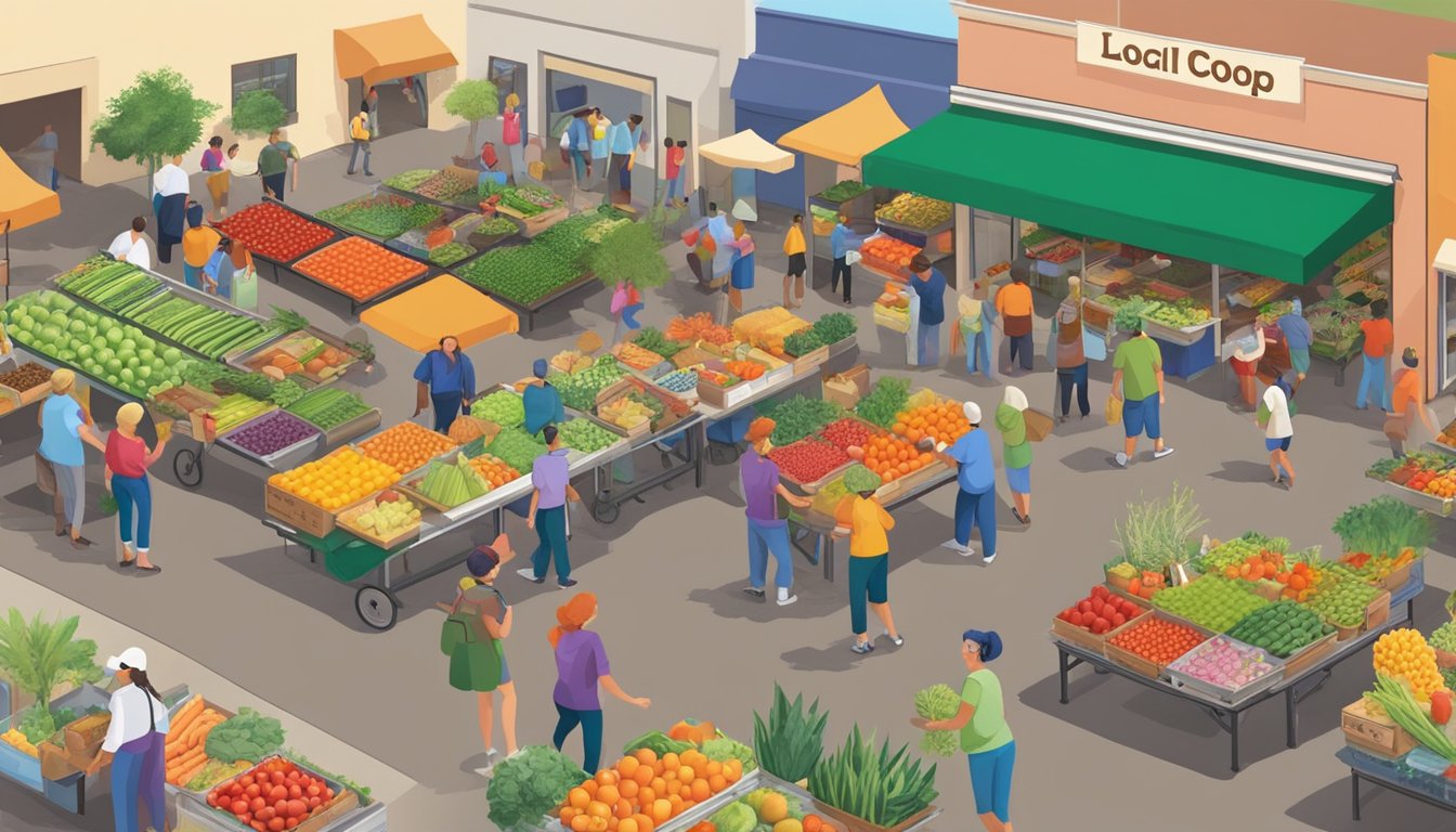 A bustling local food coop in Goodyear, AZ with volunteers distributing fresh produce and community members browsing the colorful array of fruits and vegetables