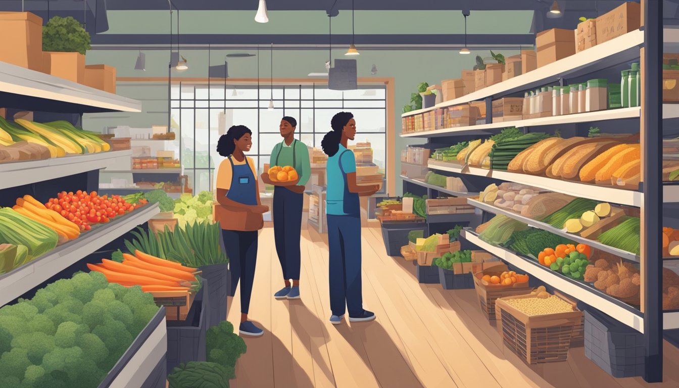 A bustling local food co-op with shelves stocked with fresh produce, bulk grains, and artisanal goods, with customers chatting and browsing