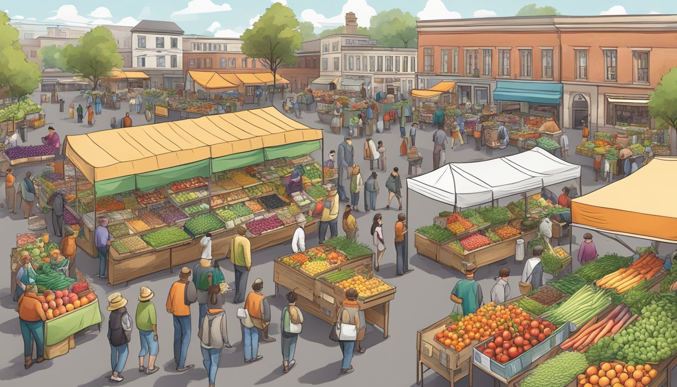 A bustling farmers' market with colorful produce stands and a diverse crowd of people browsing and purchasing goods