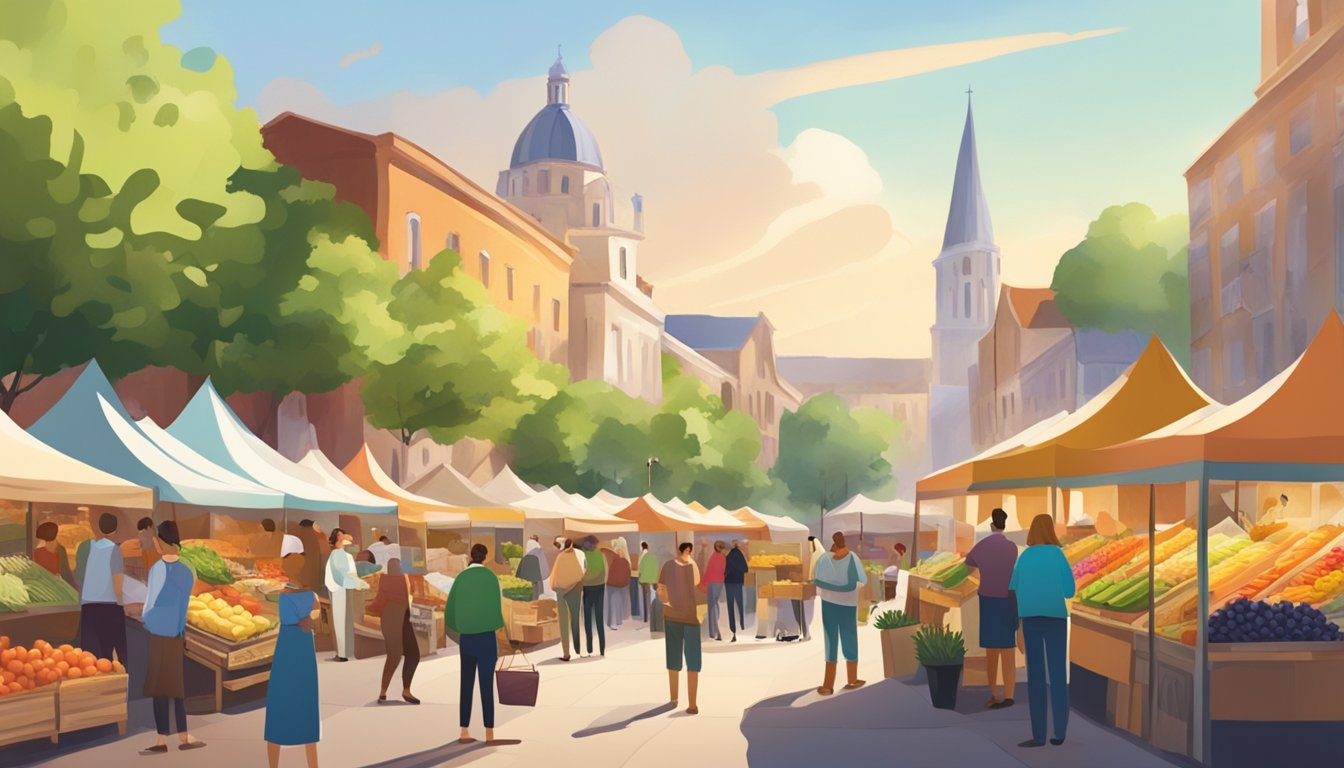 A bustling farmers market with colorful stalls and a variety of fresh produce, baked goods, and artisanal products. The atmosphere is lively with people browsing and chatting with vendors