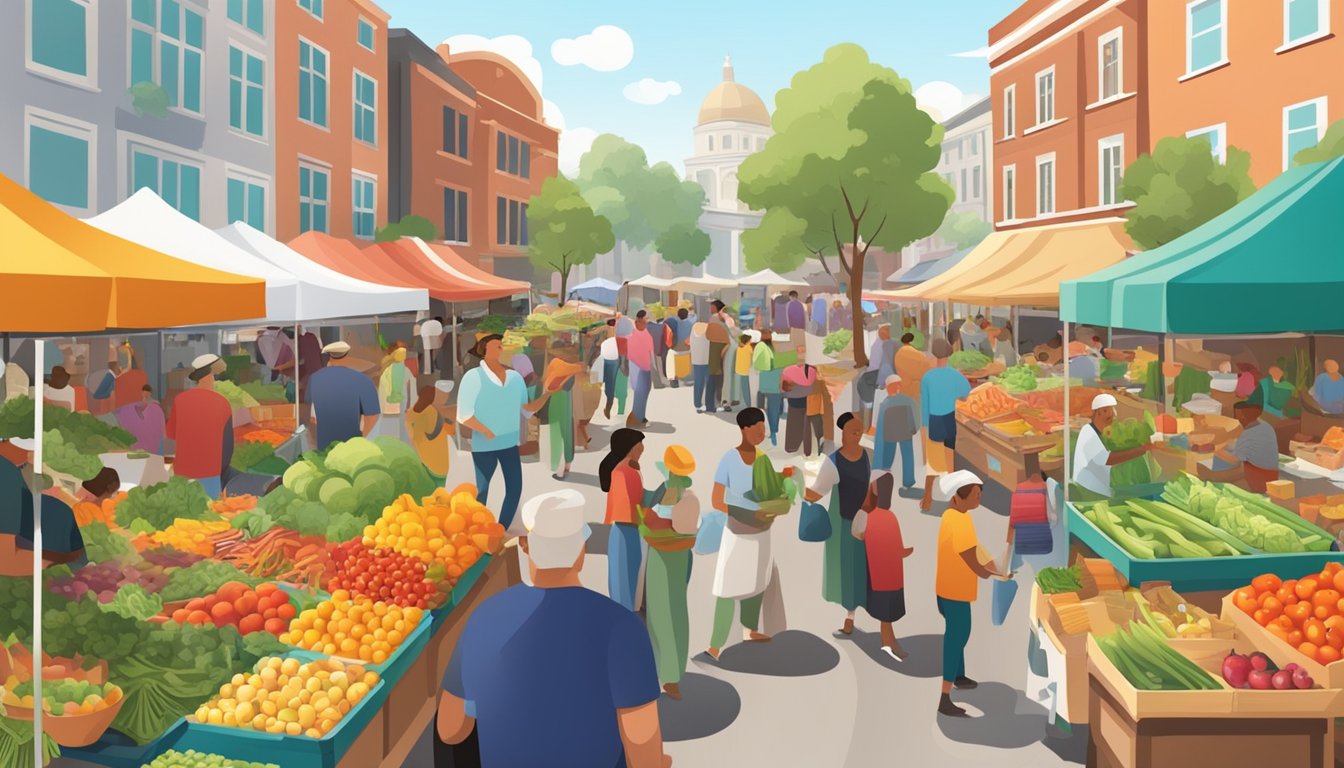 A bustling farmers' market with colorful stalls and a variety of fresh produce, surrounded by a diverse community of shoppers and vendors