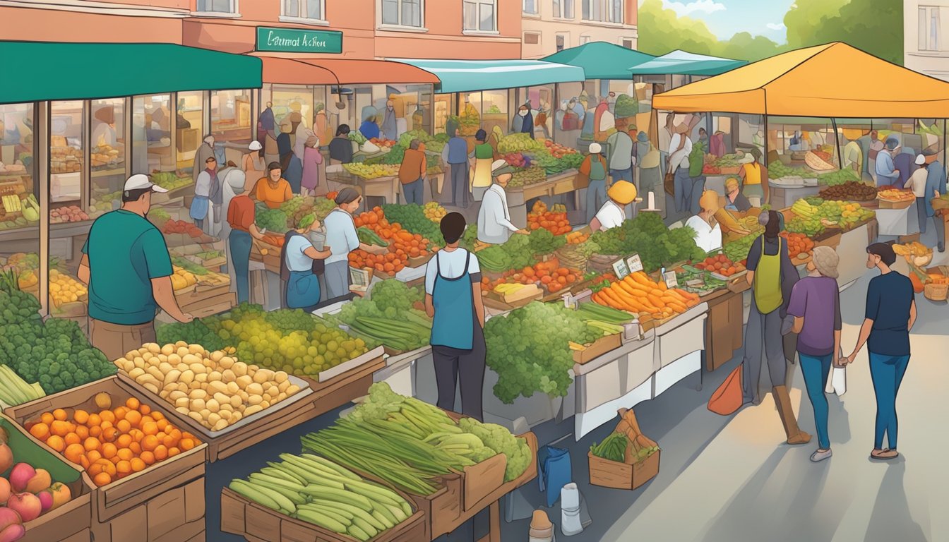 A bustling farmers market with colorful stalls and a variety of fresh produce, baked goods, and artisanal products. Customers browse the selection while vendors chat and exchange goods