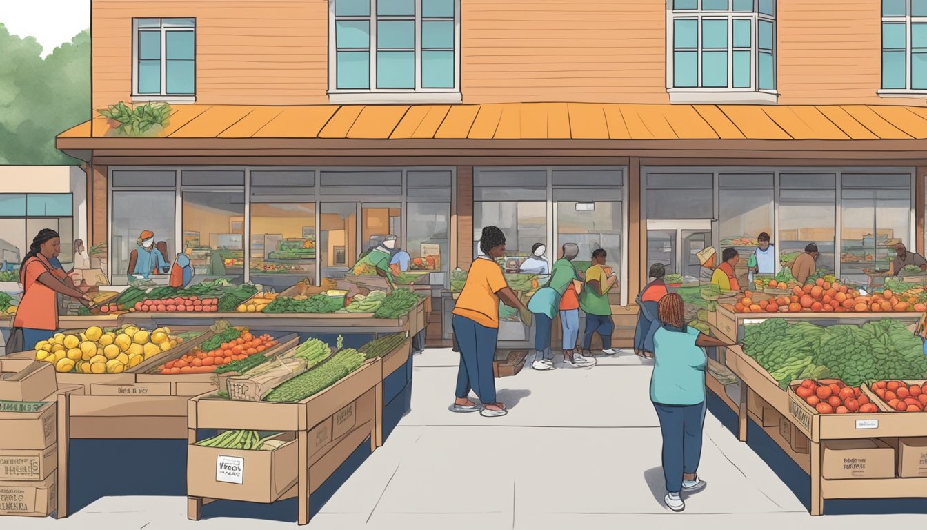 A bustling local food coop in Sandy Springs, GA, with volunteers and community members working together to organize and distribute fresh produce and goods