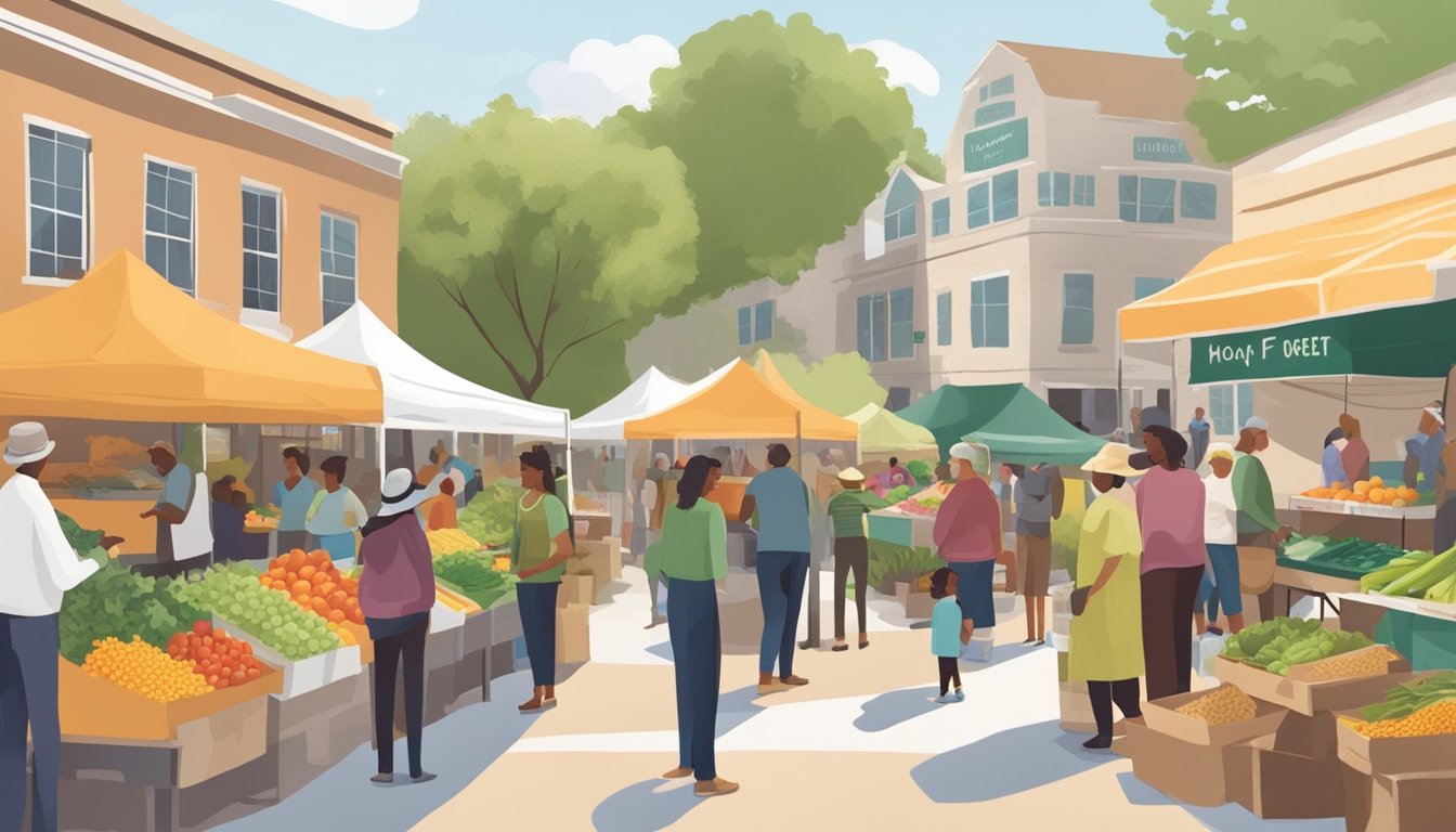 A bustling farmers market with vendors selling fresh produce, local honey, and homemade goods. Customers chat with co-op members and sign up for memberships