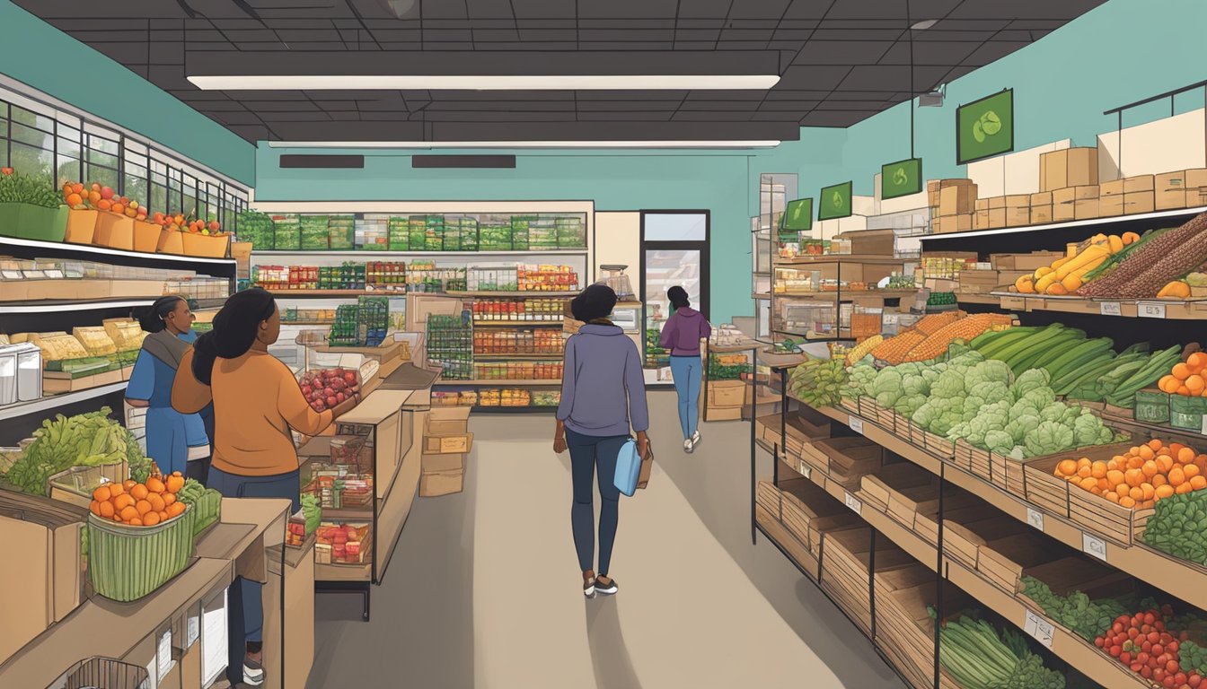 A bustling local food coop in Sandy Springs, GA, with shelves stocked full of fresh produce, grains, and canned goods. Customers browse the aisles, chatting with staff and selecting items to take home