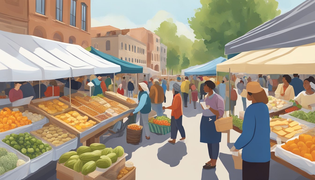 A bustling outdoor market filled with colorful produce, artisanal cheeses, and freshly baked bread. Vendors chat with customers, offering samples of local delicacies