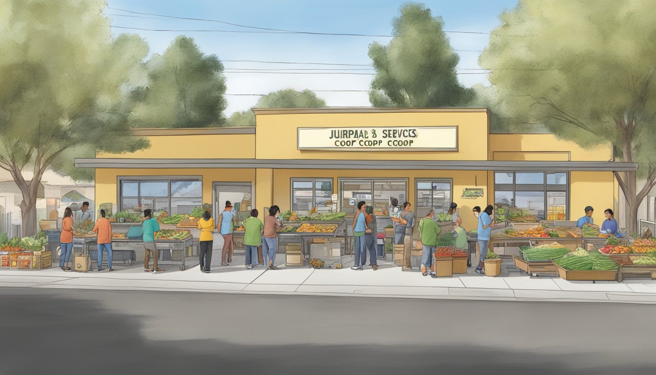 A bustling local food coop in Jurupa Valley, CA, with members receiving support services