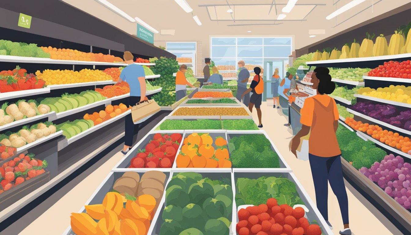 Customers browsing fresh produce at a bustling local food co-op in Sandy Springs, GA. The shelves are stocked with colorful fruits and vegetables, and the atmosphere is lively and inviting