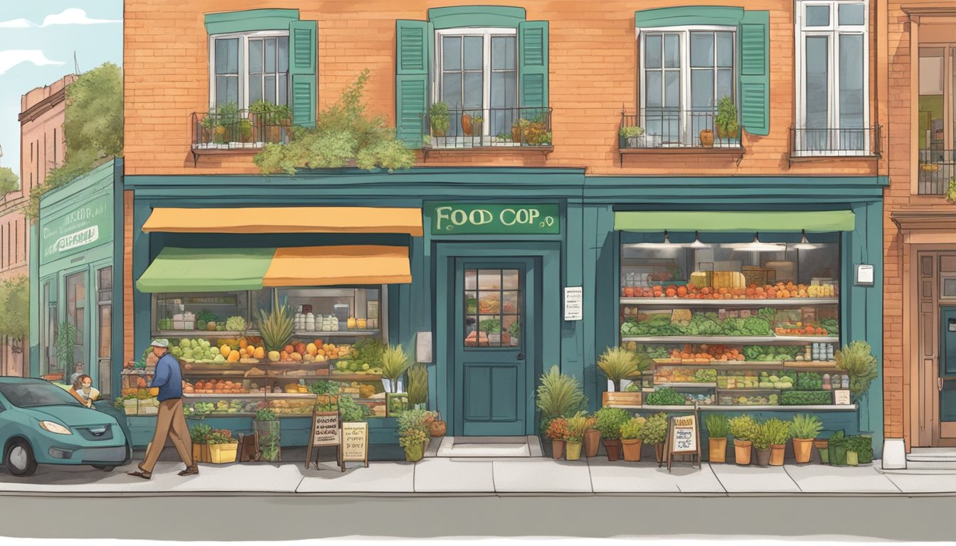 A bustling Charleston food co-op with colorful produce, local goods, and friendly staff