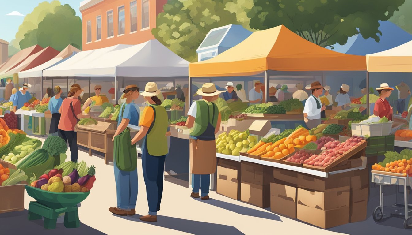 A bustling farmers' market with various vendors selling fresh produce, dairy, and meat. Customers browse the colorful array of fruits and vegetables while chatting with local farmers and producers