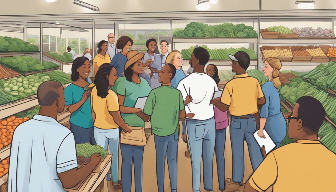 A group of people attending educational workshops at a local food co-op in Sandy Springs, GA. The co-op guide leads a program on sustainable farming