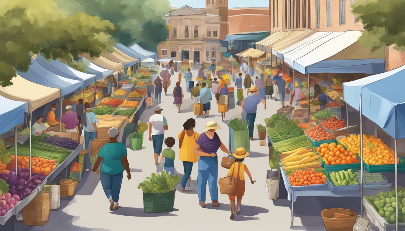 A bustling farmers' market with colorful stalls selling locally produced fruits, vegetables, and other seasonal products in Charleston, SC