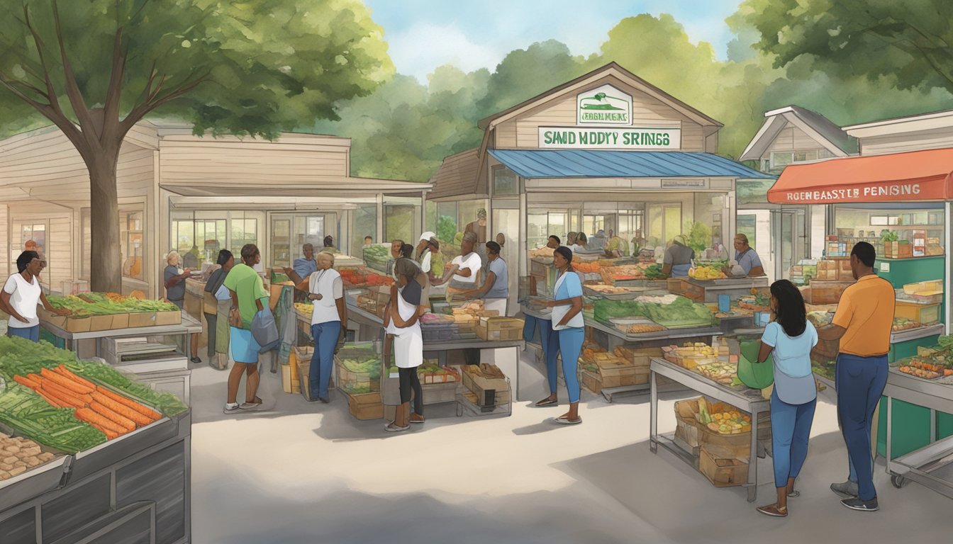 A bustling local food coop in Sandy Springs, GA, with members interacting and exchanging information about operations