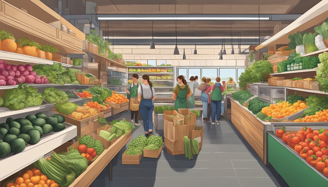 A bustling local food co-op with shelves stocked with fresh produce, artisanal goods, and a vibrant community atmosphere