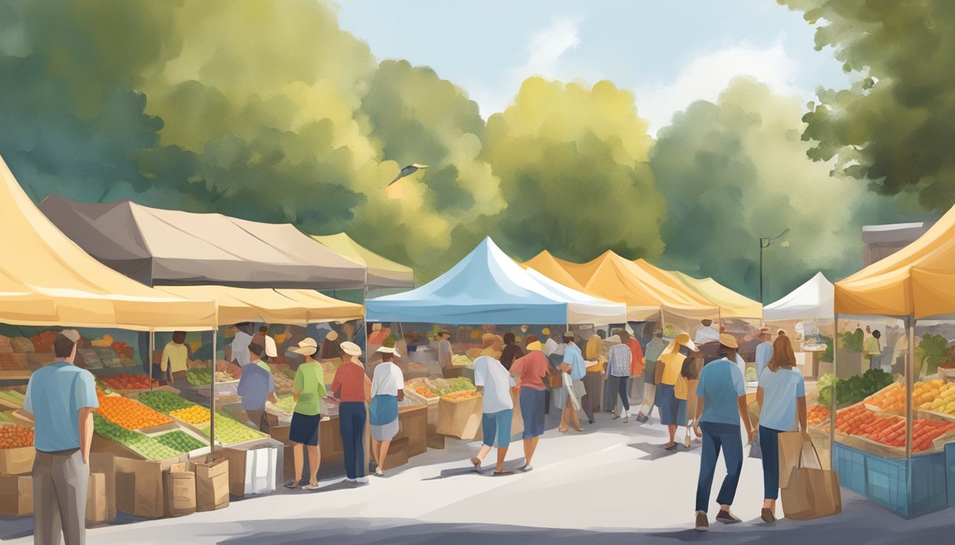 A bustling farmers market with fresh produce, local honey, and handmade goods displayed under colorful tents in Sandy Springs, GA