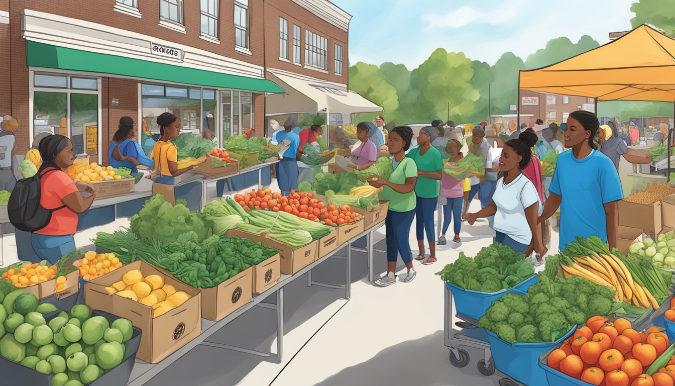 A bustling local food coop with volunteers distributing fresh produce and engaging with community members in Sandy Springs, GA