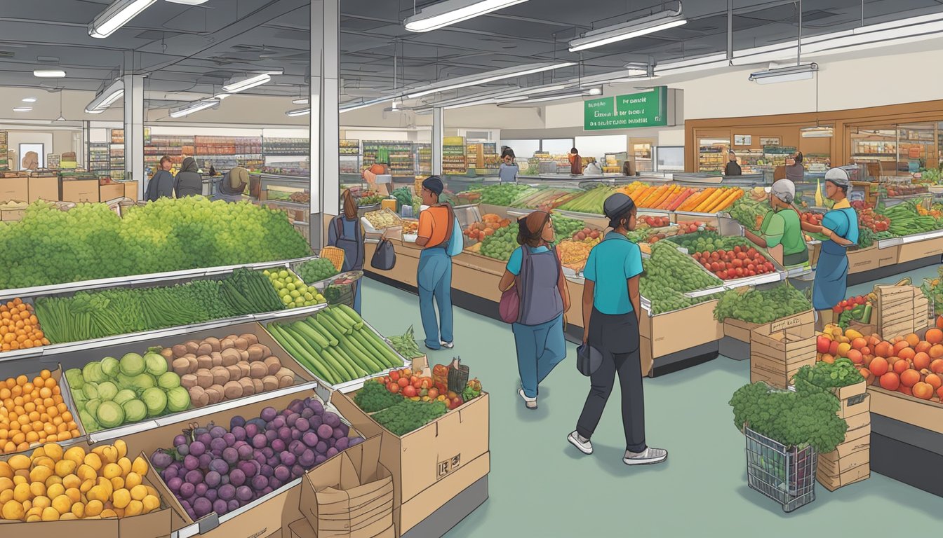 A bustling local food co-op in Dearborn, MI, with fresh produce, shelves stocked with goods, and customers browsing the aisles