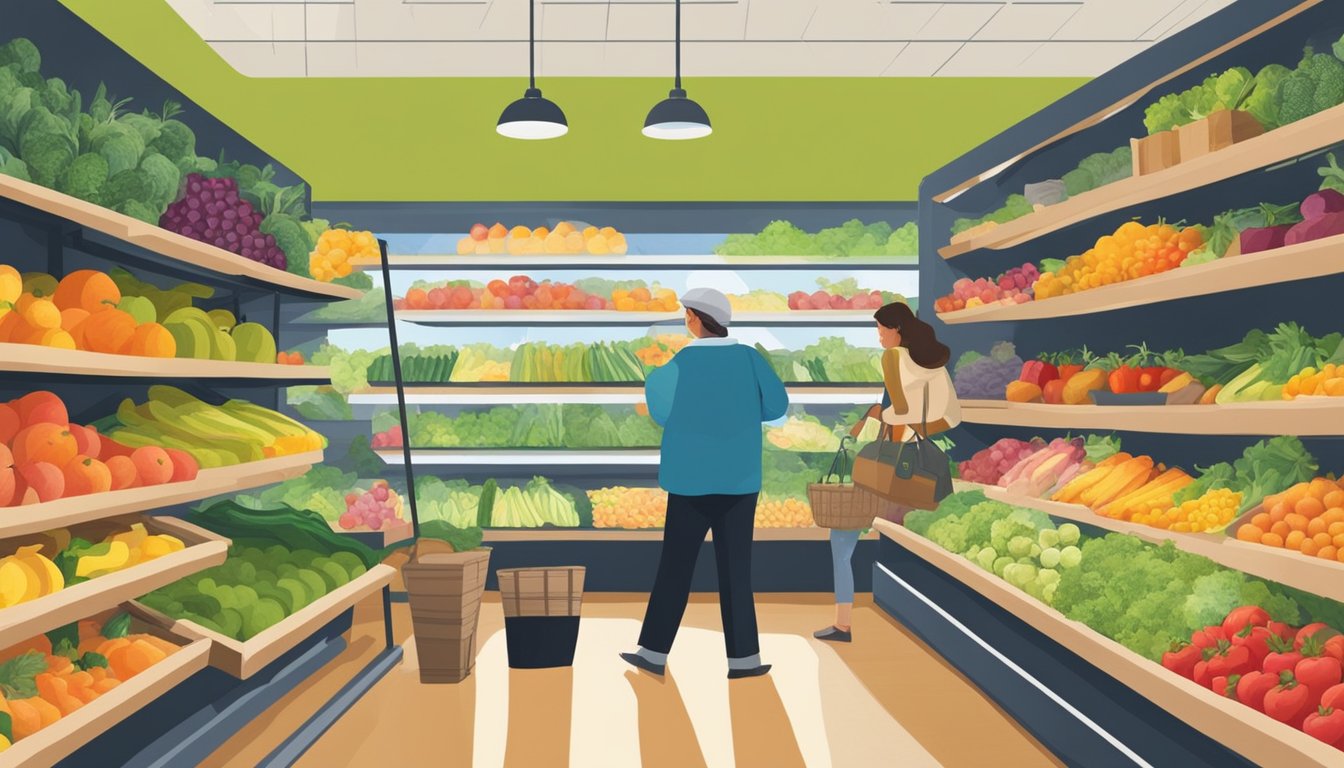 Customers browsing fresh produce at the Co-op Economy local food coop, with colorful fruits and vegetables displayed on wooden shelves