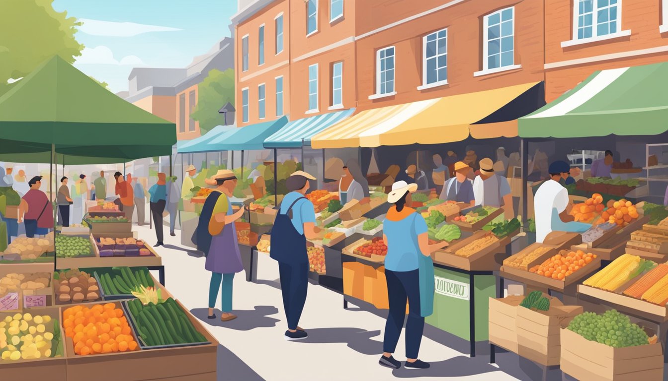 A bustling farmers' market with colorful stalls and a variety of fresh produce, baked goods, and local products. Customers browse and chat with vendors