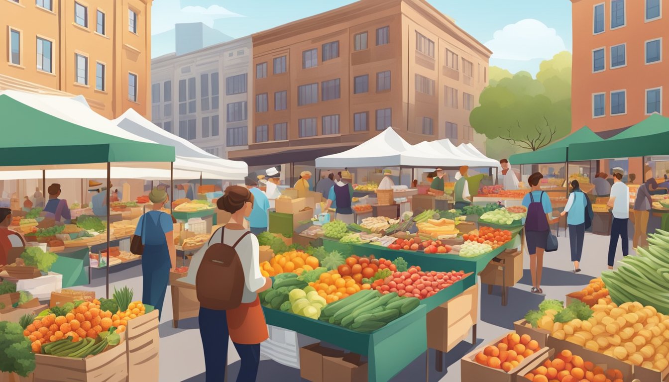 A bustling farmers' market with colorful stalls and a diverse array of fresh produce, baked goods, and artisanal products