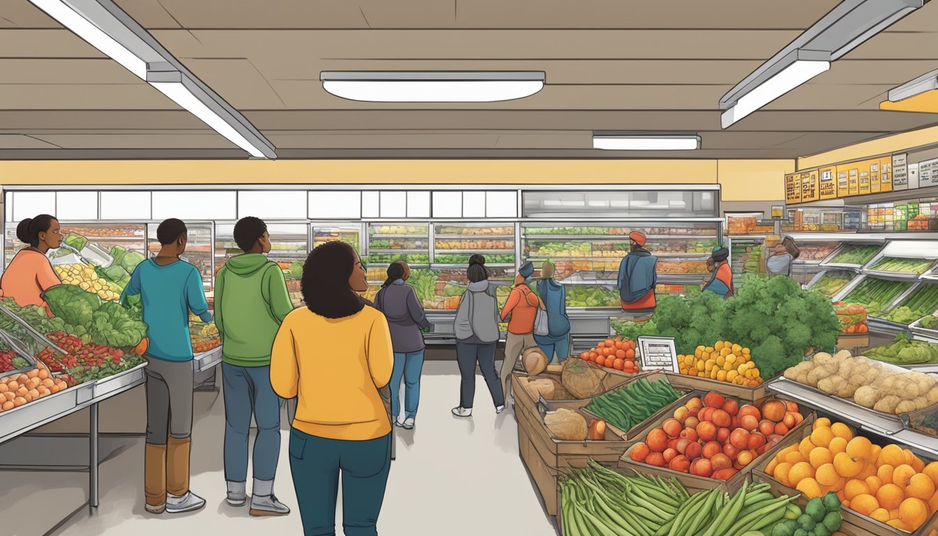 A bustling local food coop in Dearborn, MI, with diverse members actively participating in selecting and purchasing fresh produce and products