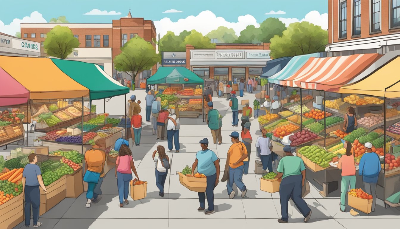 A bustling farmers' market in Dearborn, MI, with colorful produce stalls and a local food coop stand