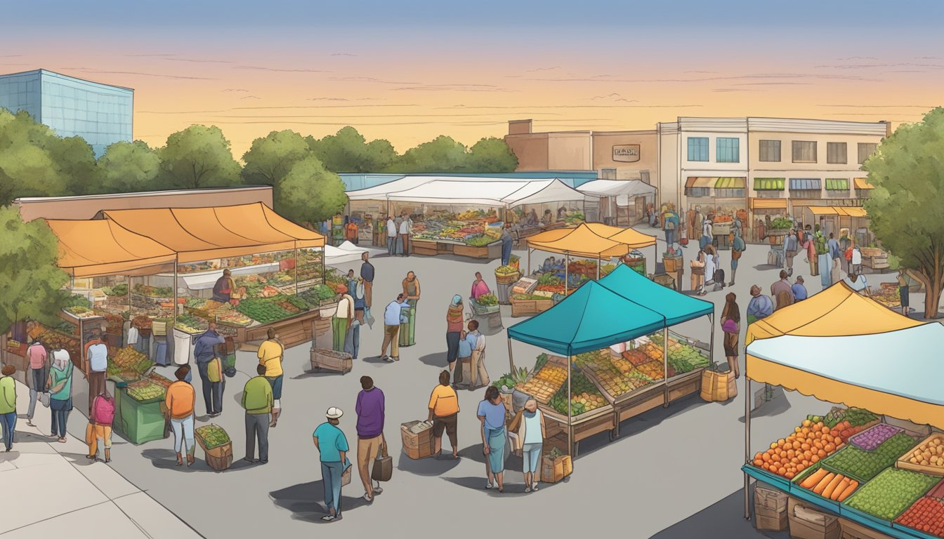 A bustling farmers market with colorful produce stalls and a diverse crowd browsing local food co-op offerings in Mesquite, TX