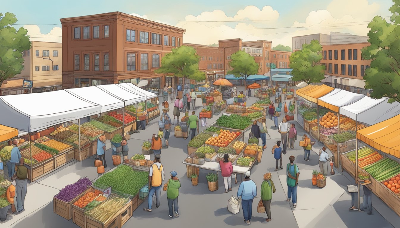 A bustling farmer's market with vendors selling fresh produce and locally sourced goods, surrounded by a diverse community in Dearborn, MI