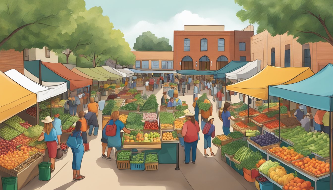 A bustling farmers' market with colorful produce stalls and a sign for "Basics Mesquite Local Food Co-op Guide" displayed prominently