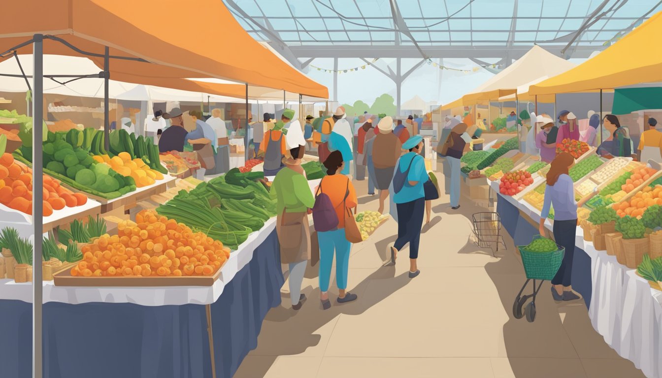 A bustling farmer's market with colorful displays of fresh produce, baked goods, and artisanal products. Shoppers browse through the various stalls, sampling and selecting items to take home