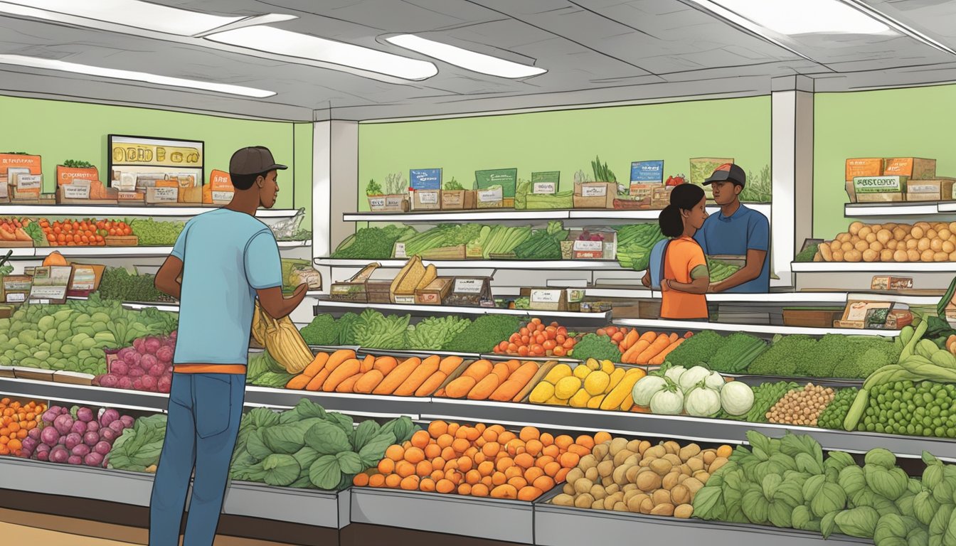 Customers browsing fresh produce and locally sourced goods at a bustling food co-op in Mesquite, TX