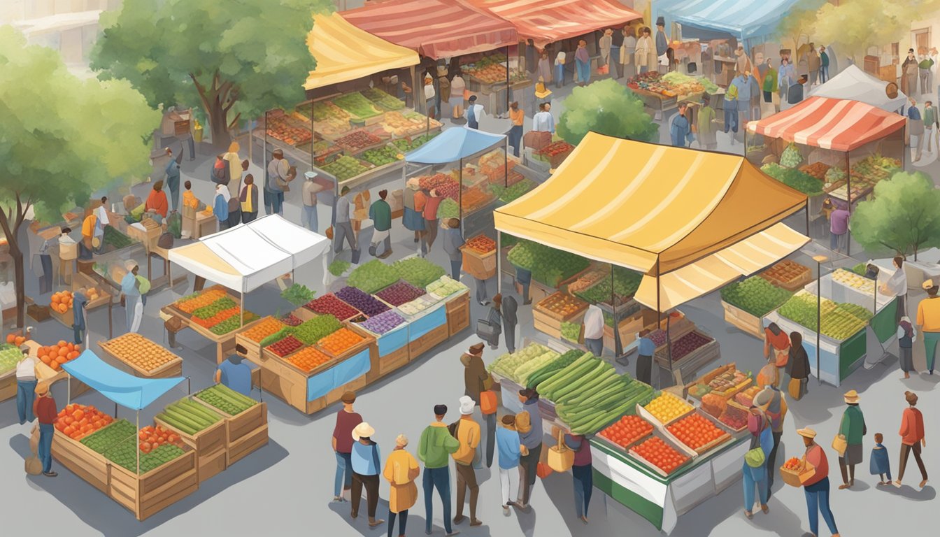 A bustling farmer's market with colorful produce stalls, a diverse crowd browsing, and a banner celebrating the centennial of the local food co-op