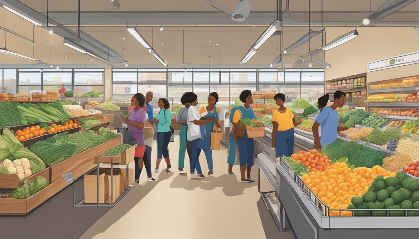 A bustling food co-op in Mesquite, TX, with diverse produce, local products, and engaged community members