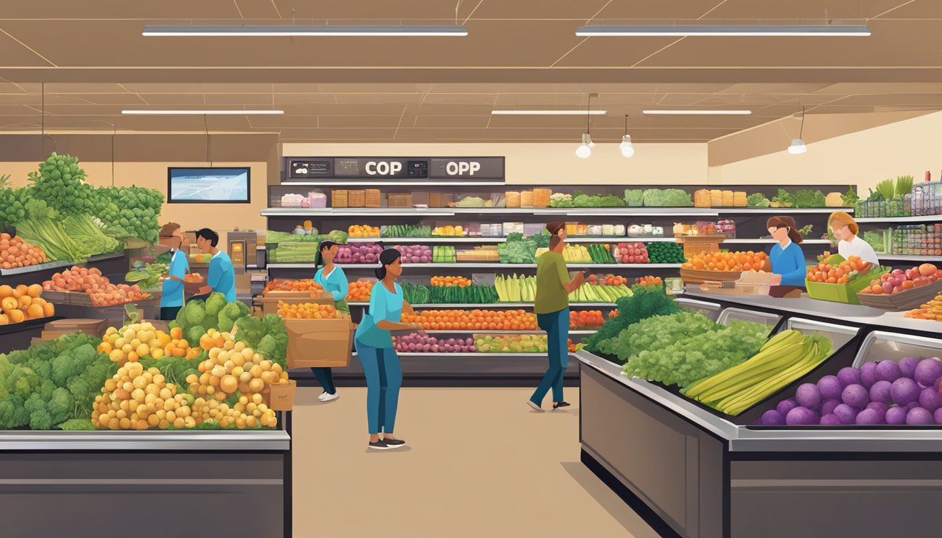 A bustling local co-op in Centennial, Colorado, with colorful produce, shelves of goods, and friendly staff assisting customers