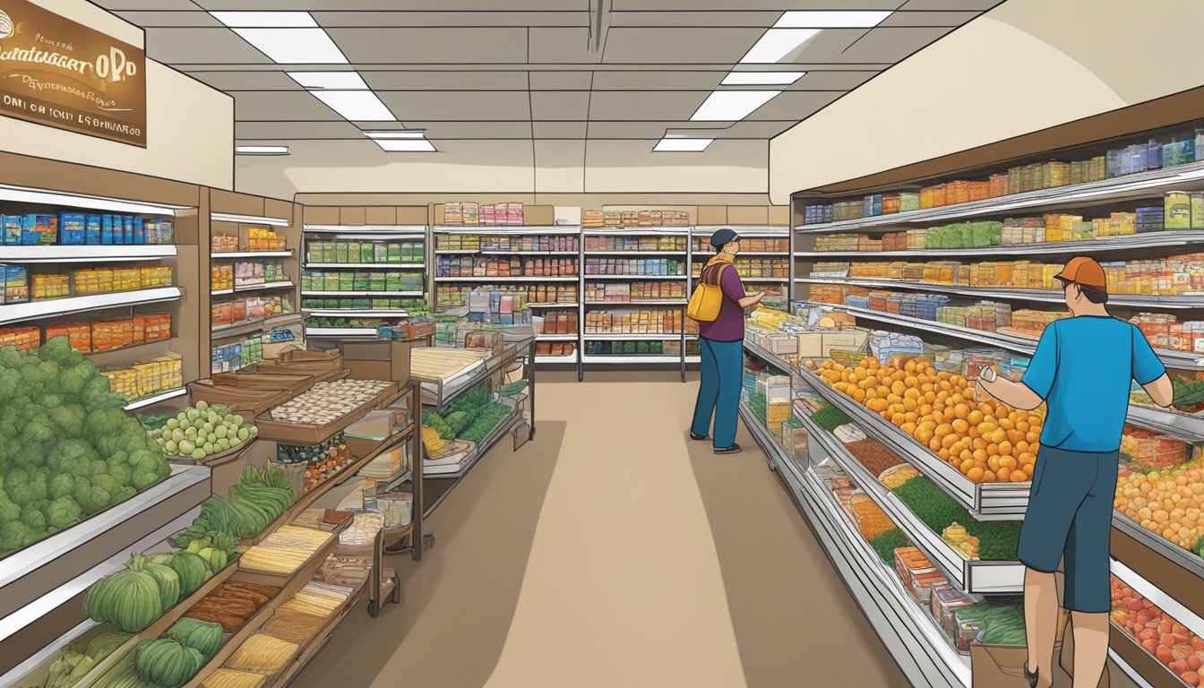 A bustling local food co-op in Mesquite, TX, filled with shelves of specialty foods and products. Customers browse the aisles, while staff restock and assist