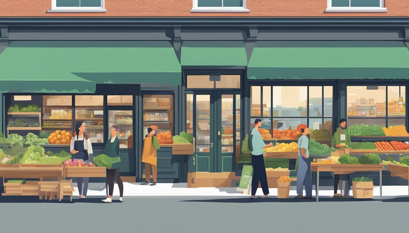 A bustling local food co-op surrounded by small businesses, with customers browsing fresh produce and chatting with friendly staff