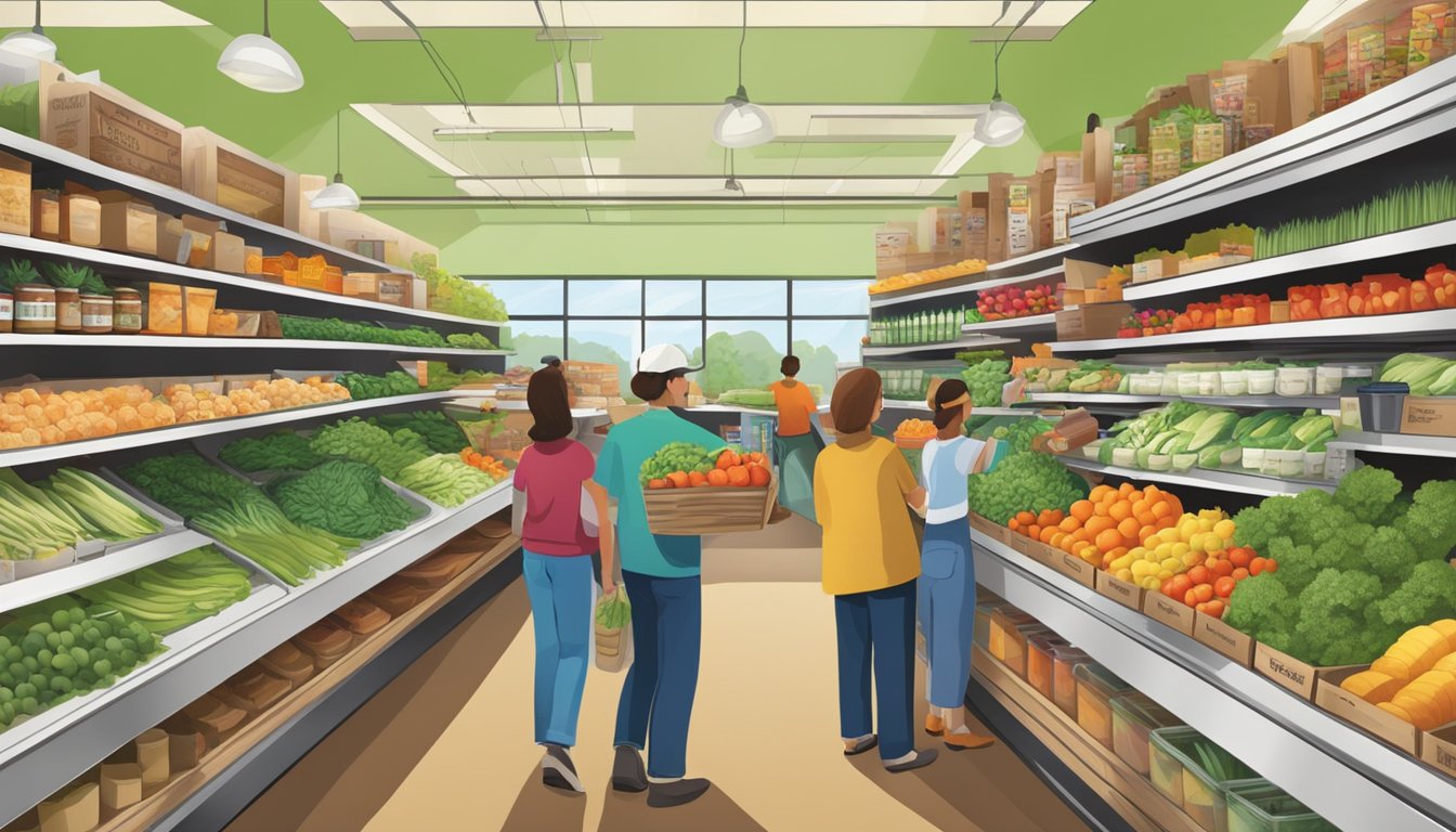 A bustling local food co-op with a centennial educational commitment, featuring shelves of fresh produce and a guide assisting customers