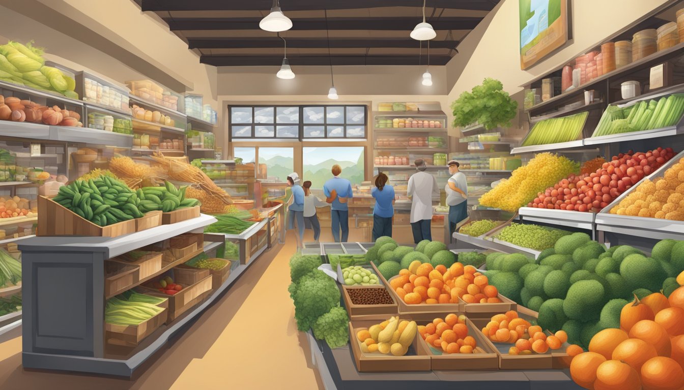 A bustling local food coop with vibrant produce, bulk bins, and wellness products