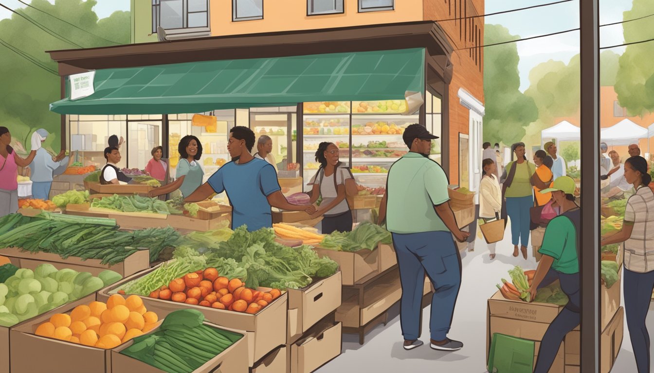 A bustling local food coop with diverse produce, eco-friendly packaging, and community members engaging in sustainable practices