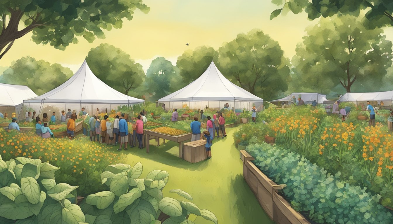 A lush garden with diverse crops, bees buzzing around hives, and a community gathering under a large tent for a local food coop guide