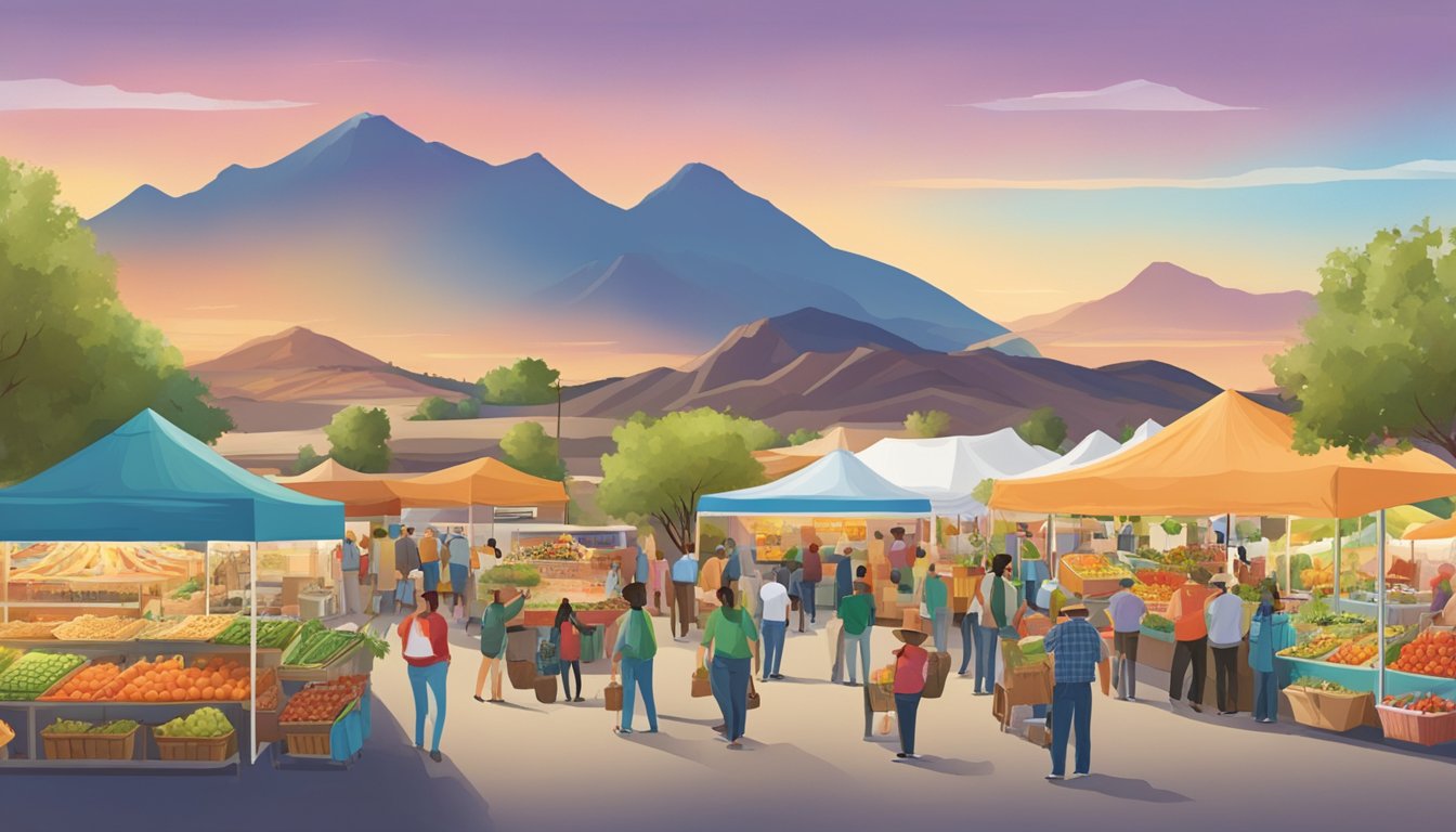 A bustling farmers' market in Rio Rancho, NM, filled with colorful produce stands and local food co-op vendors. Busy shoppers browse the fresh, organic offerings