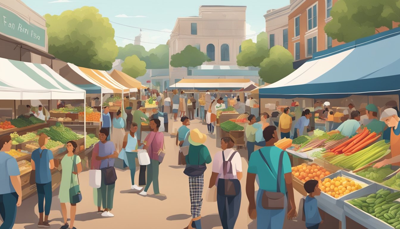 A bustling farmers' market with diverse vendors and customers browsing fresh produce and local goods