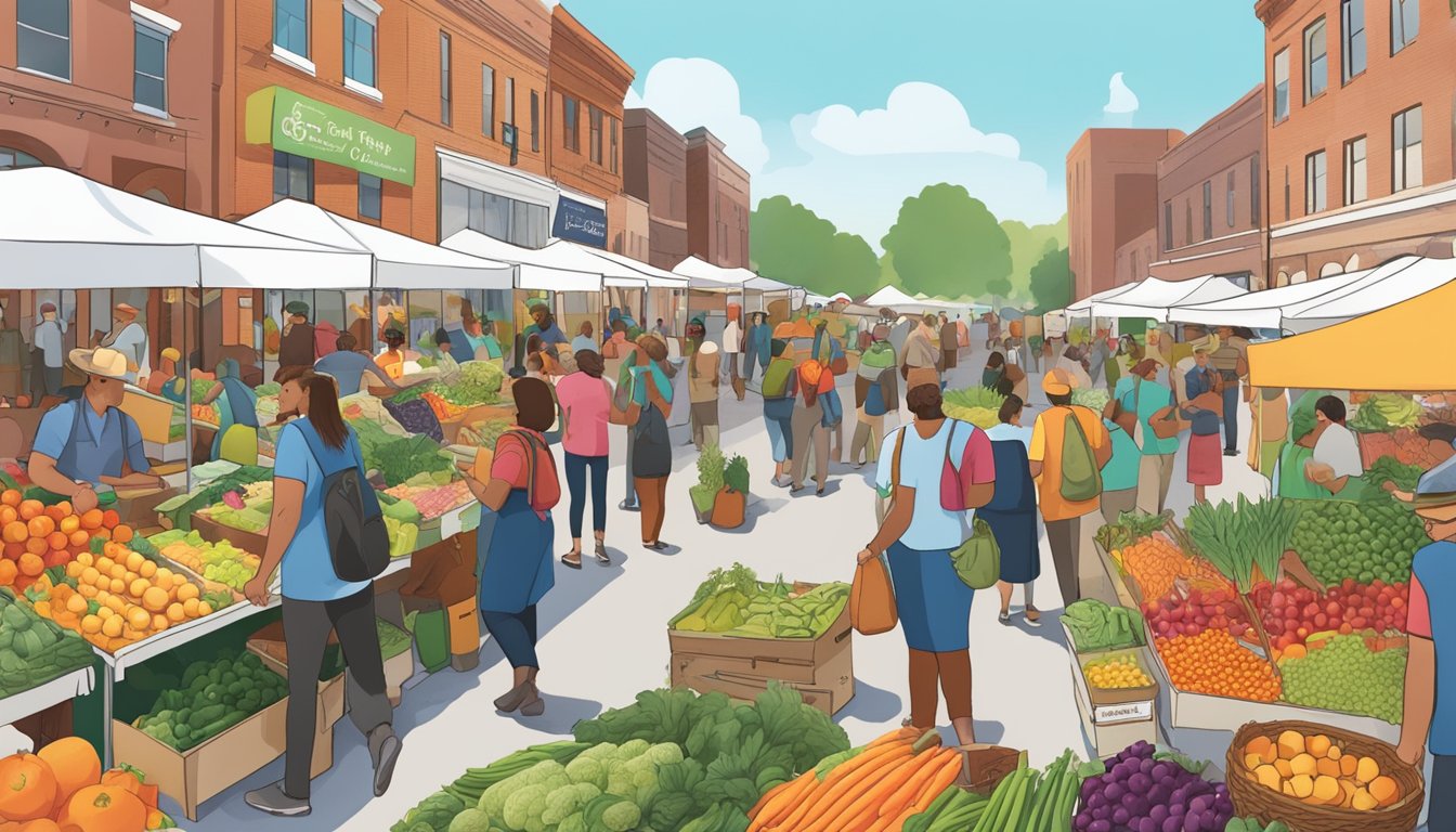 A bustling farmers' market with colorful produce, local vendors, and a diverse crowd browsing the food co-op guide