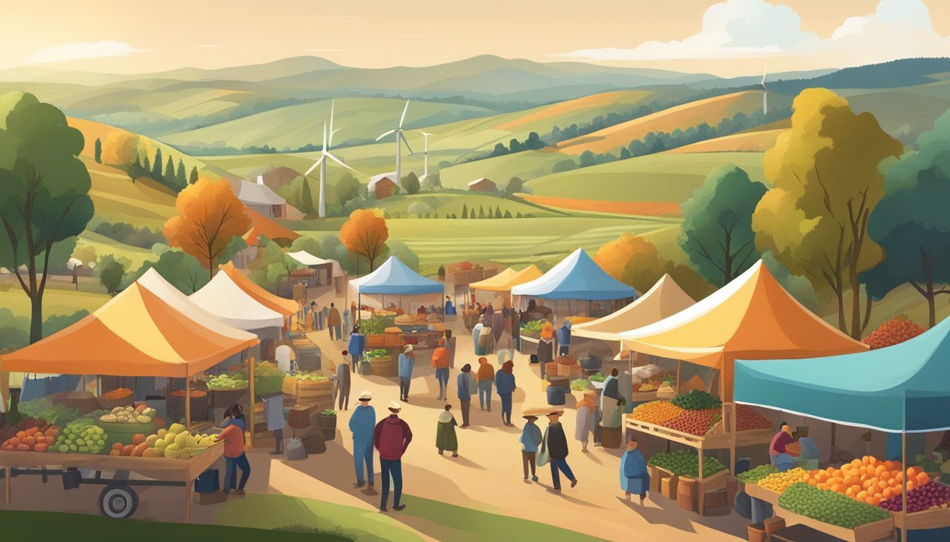 A bustling farmers' market with vendors selling locally sourced produce and handmade goods, surrounded by a backdrop of rolling hills and wind turbines