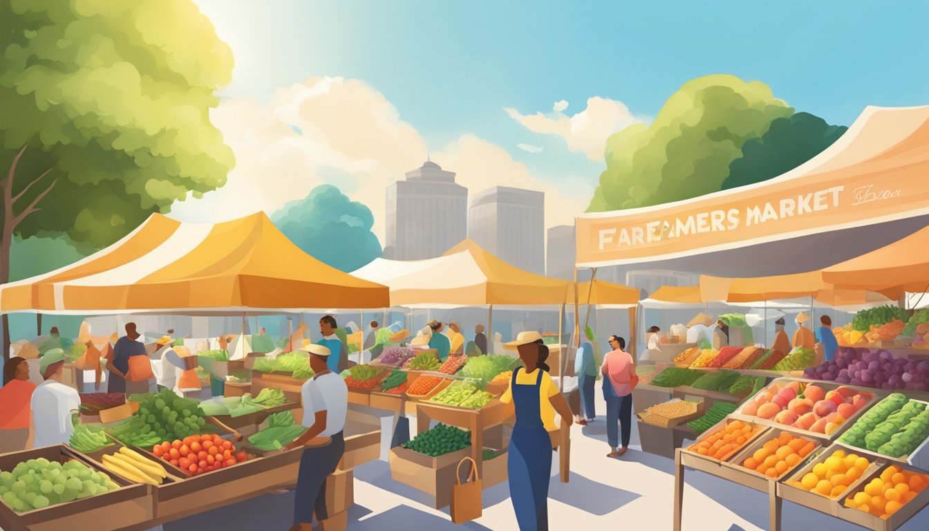 A bustling farmers' market with colorful produce and locally made products on display under a bright, sunny sky