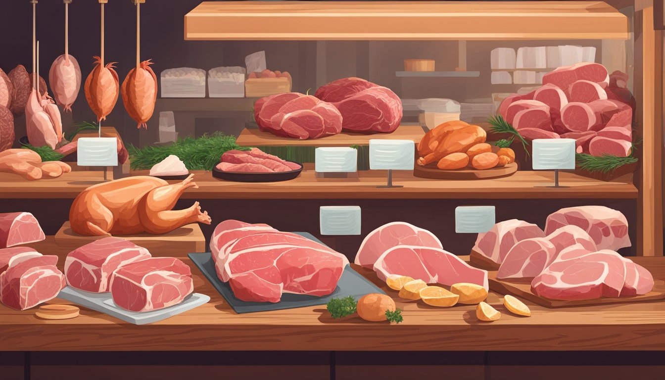 A display of fresh meat and poultry at a local food coop, with various cuts and types neatly arranged on a wooden counter