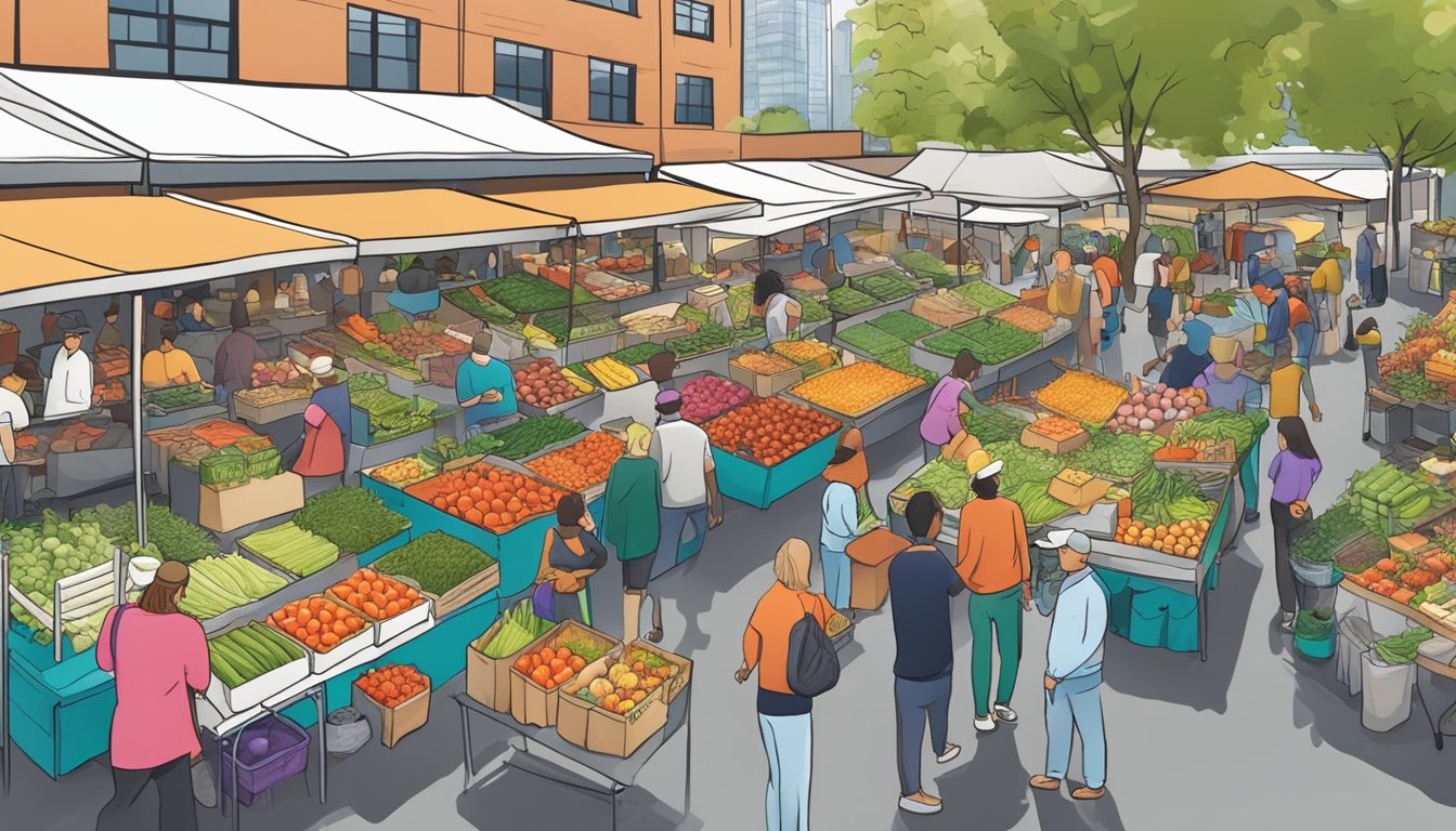 A bustling farmer's market with colorful stalls and fresh produce, surrounded by local vendors and customers in Bellevue, WA